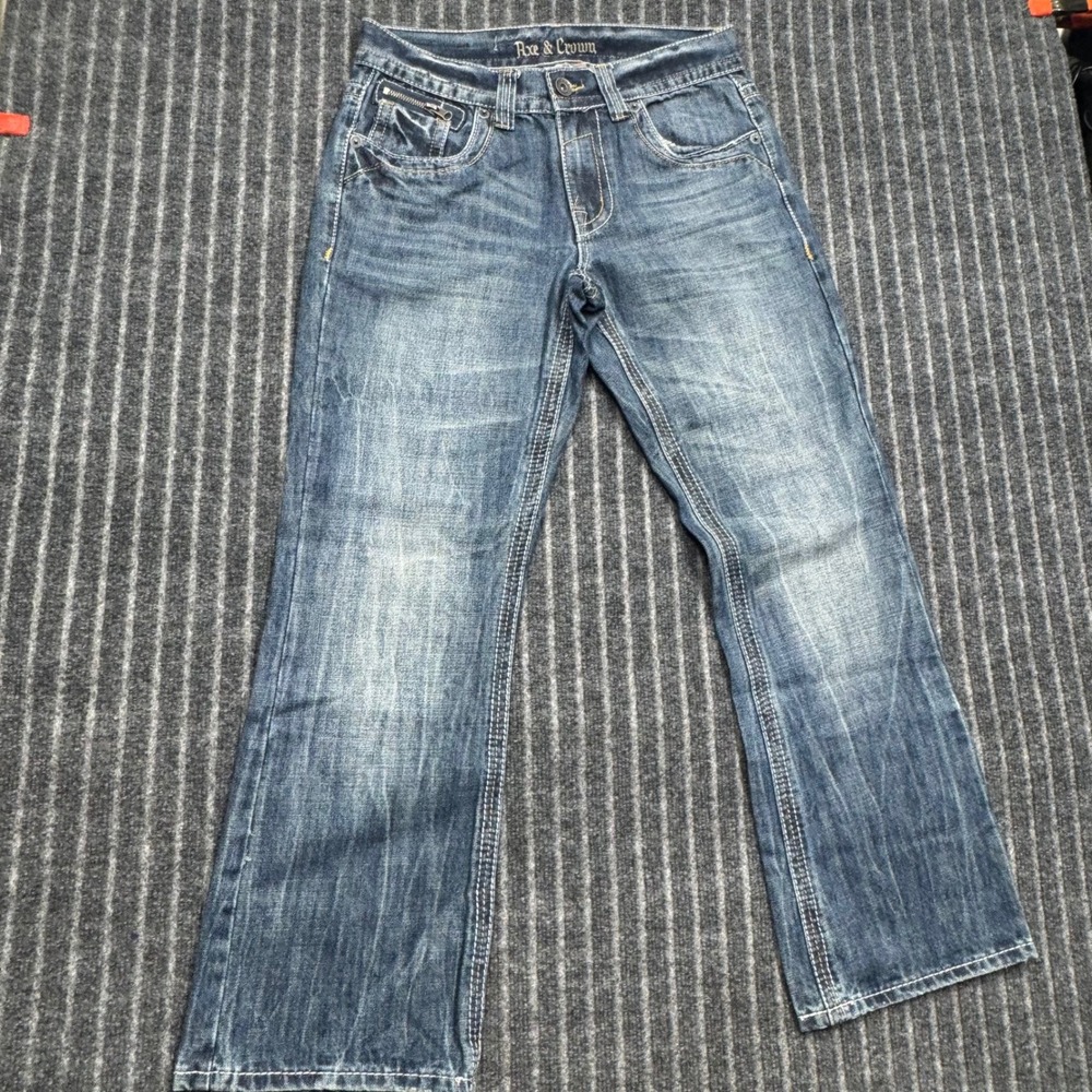 Axe & Crown Mens Bootcut Jeans 30x30 Blue Thick Stitch Distressed Outlaw Denim